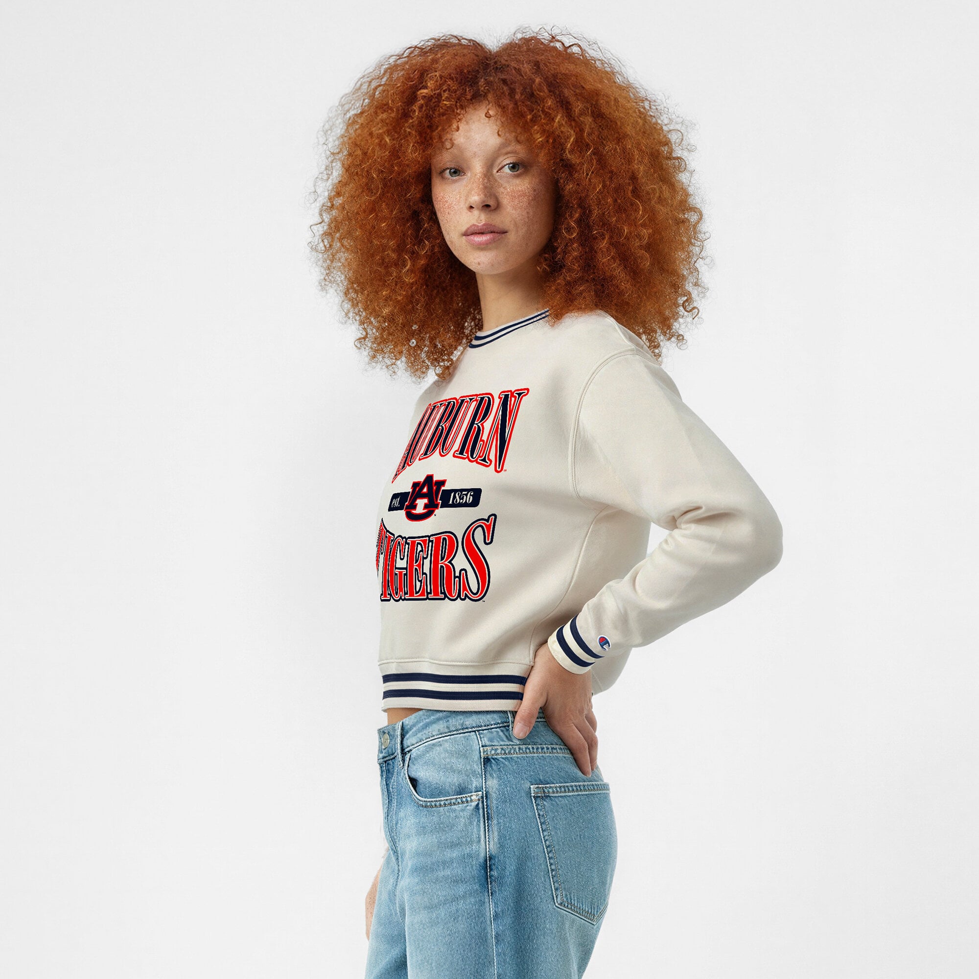 Women's Champion White Auburn Tigers Yarn Dye Rib Reverse Weave Crew Sweatshirt